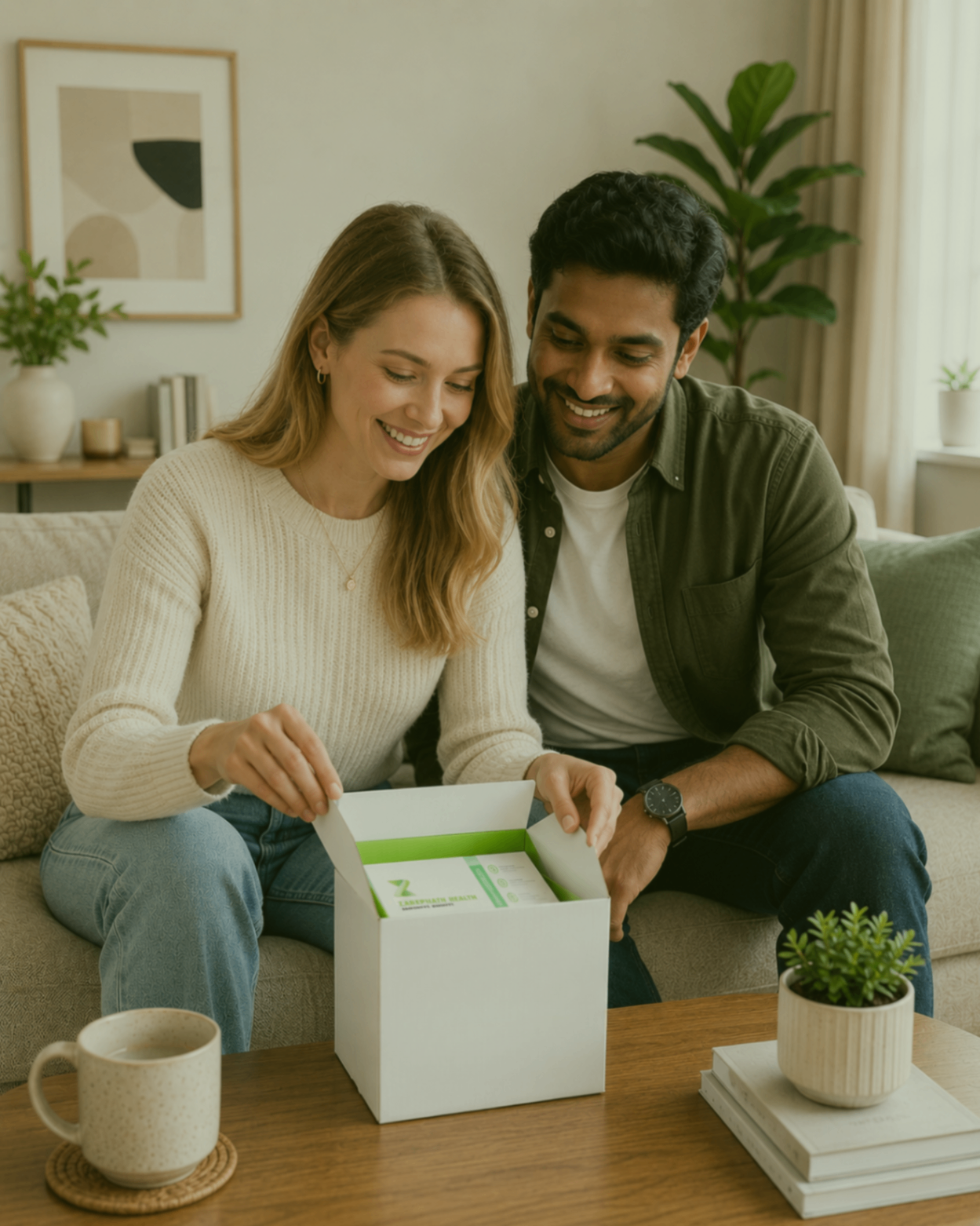 Couple opening a Zarephath Health testing kit at home